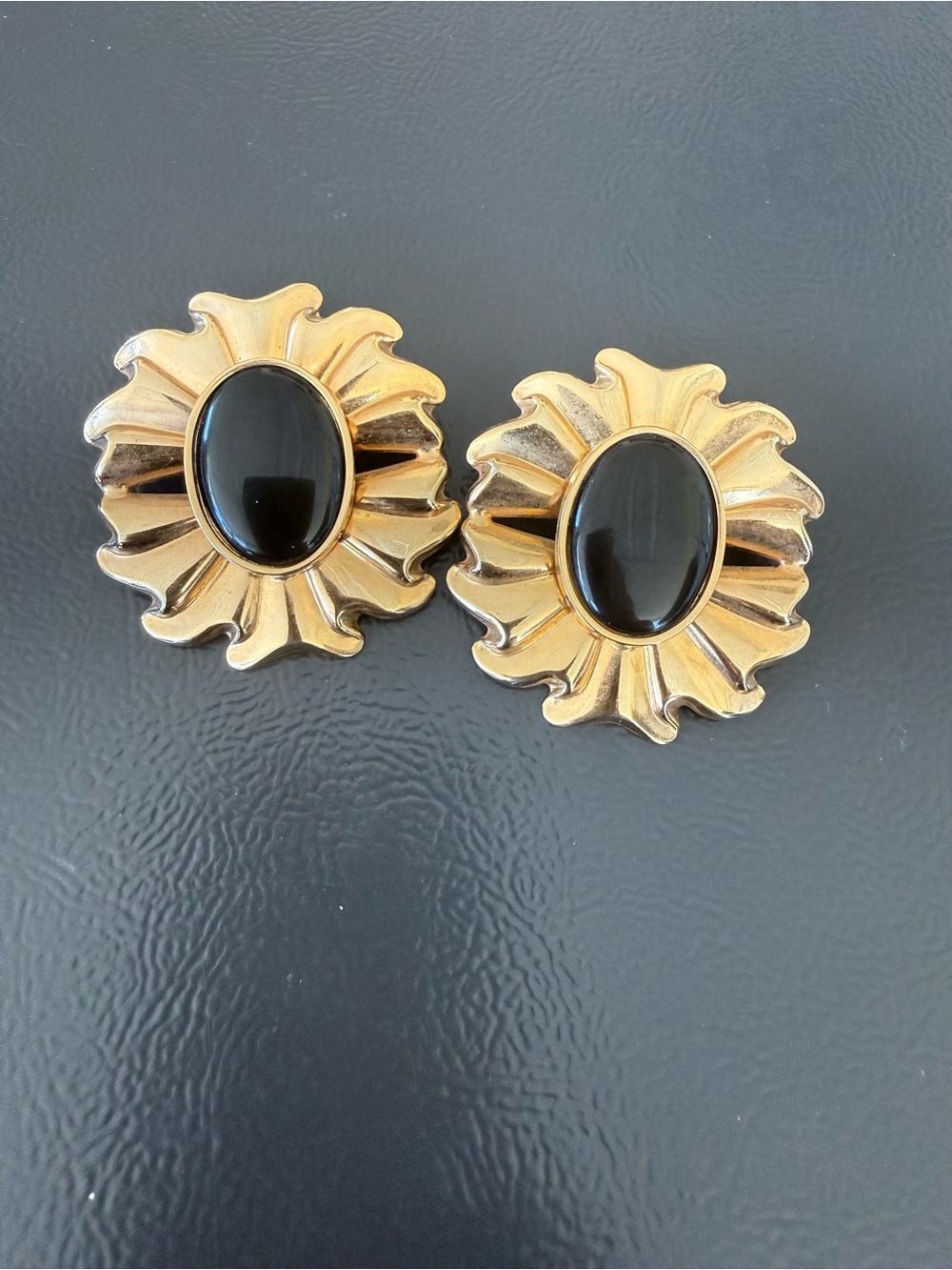 Vintage Gold Tone Flower Clip-On Earrings with Black Center